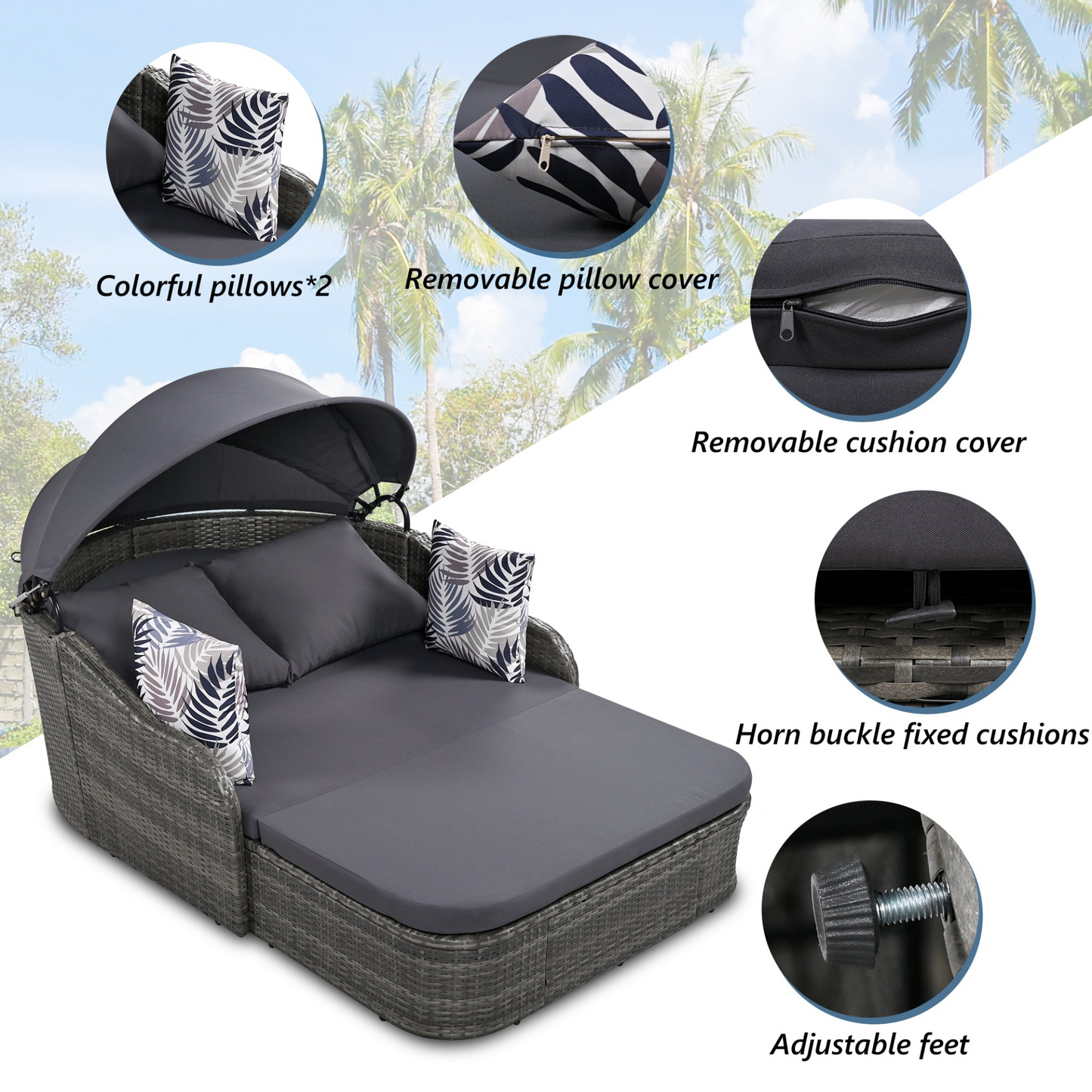 79.9" Outdoor Sunbed with Adjustable Canopy, Double lounge, PE Rattan Daybed, Gray Wicker And Cushion