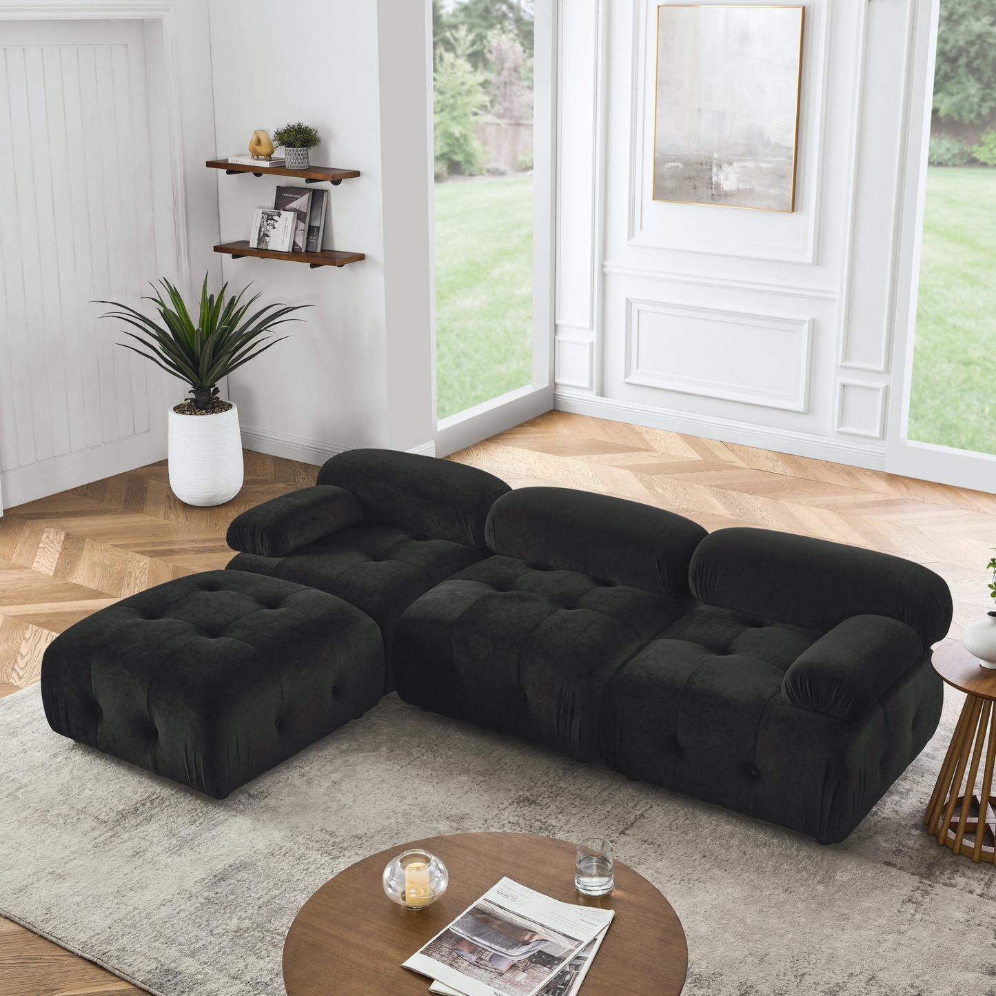 Modular Sectional Sofa, Button Tufted Designed and DIY Combination,L Shaped Couch with Reversible Ottoman, Black Velvet