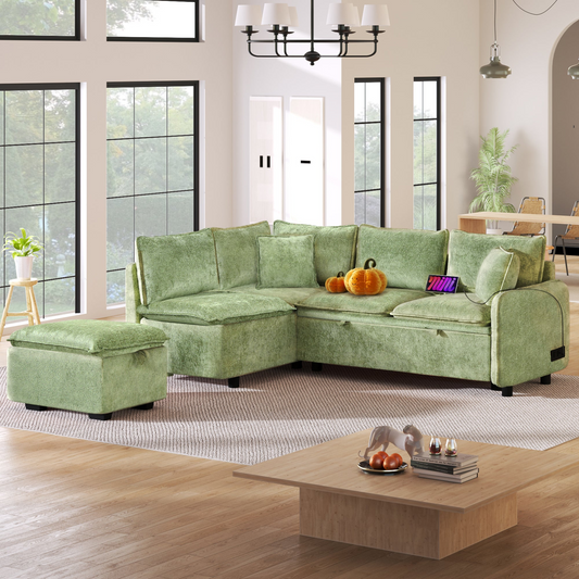 82.67"Convertible Sofa Bed Sectional Sofa Sleeper L-shaped Sofa with a Storage Ottoman,Two Pillows, Two Power Sockets and Two USB Ports for Living Room, Green