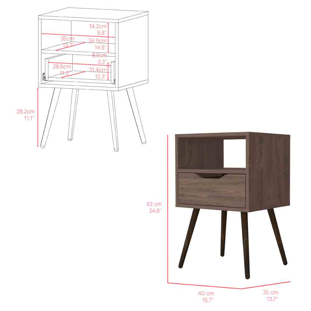 Nightstand  Fugaz, Open Shelf, Single Drawer, Dark Walnut Finish