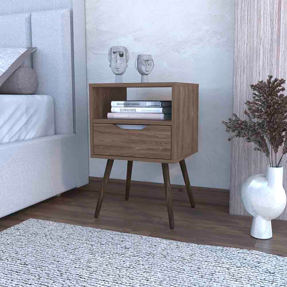 Nightstand  Fugaz, Open Shelf, Single Drawer, Dark Walnut Finish