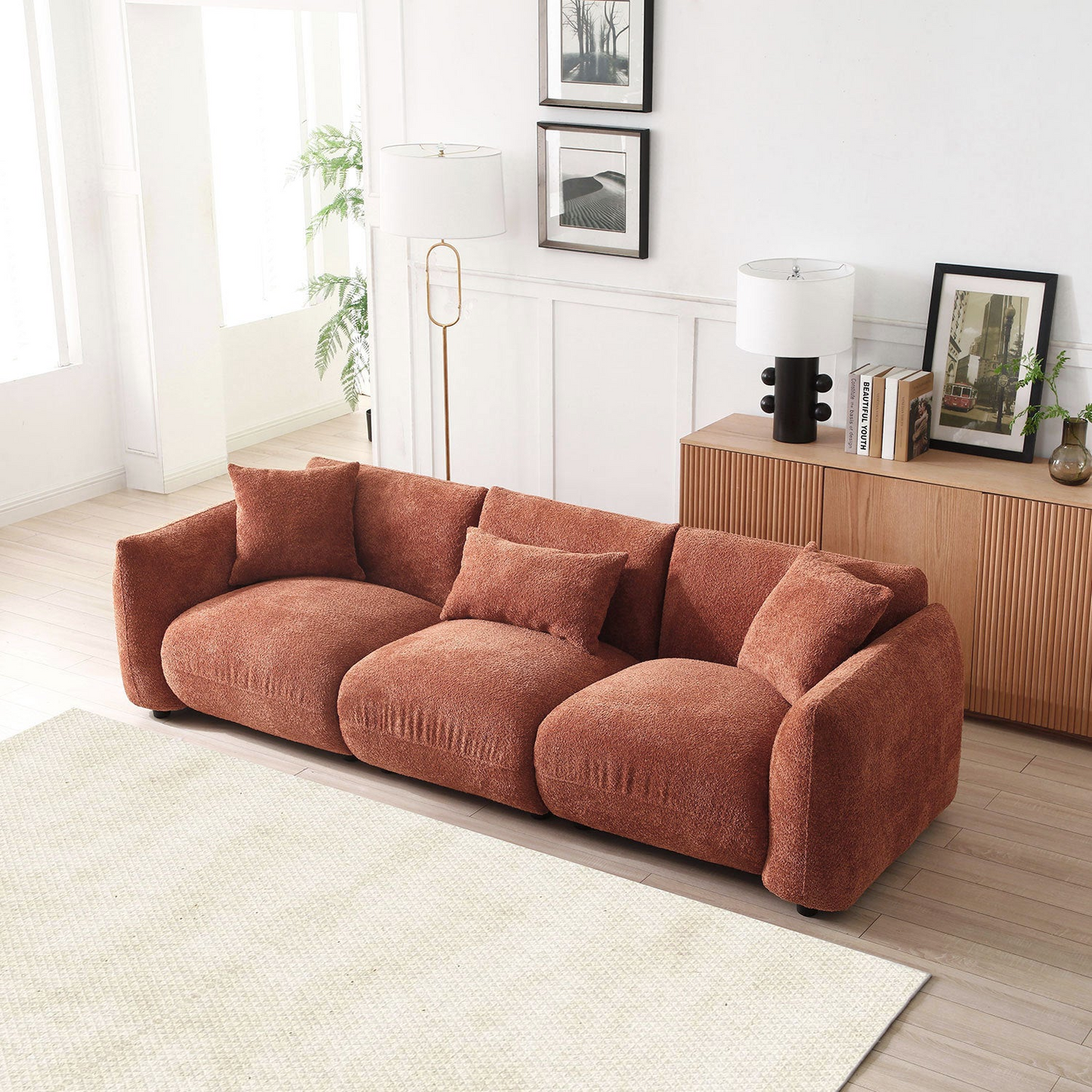 Mid Century Modern Couch 3-Seater Sofa for Livingroom, Orange