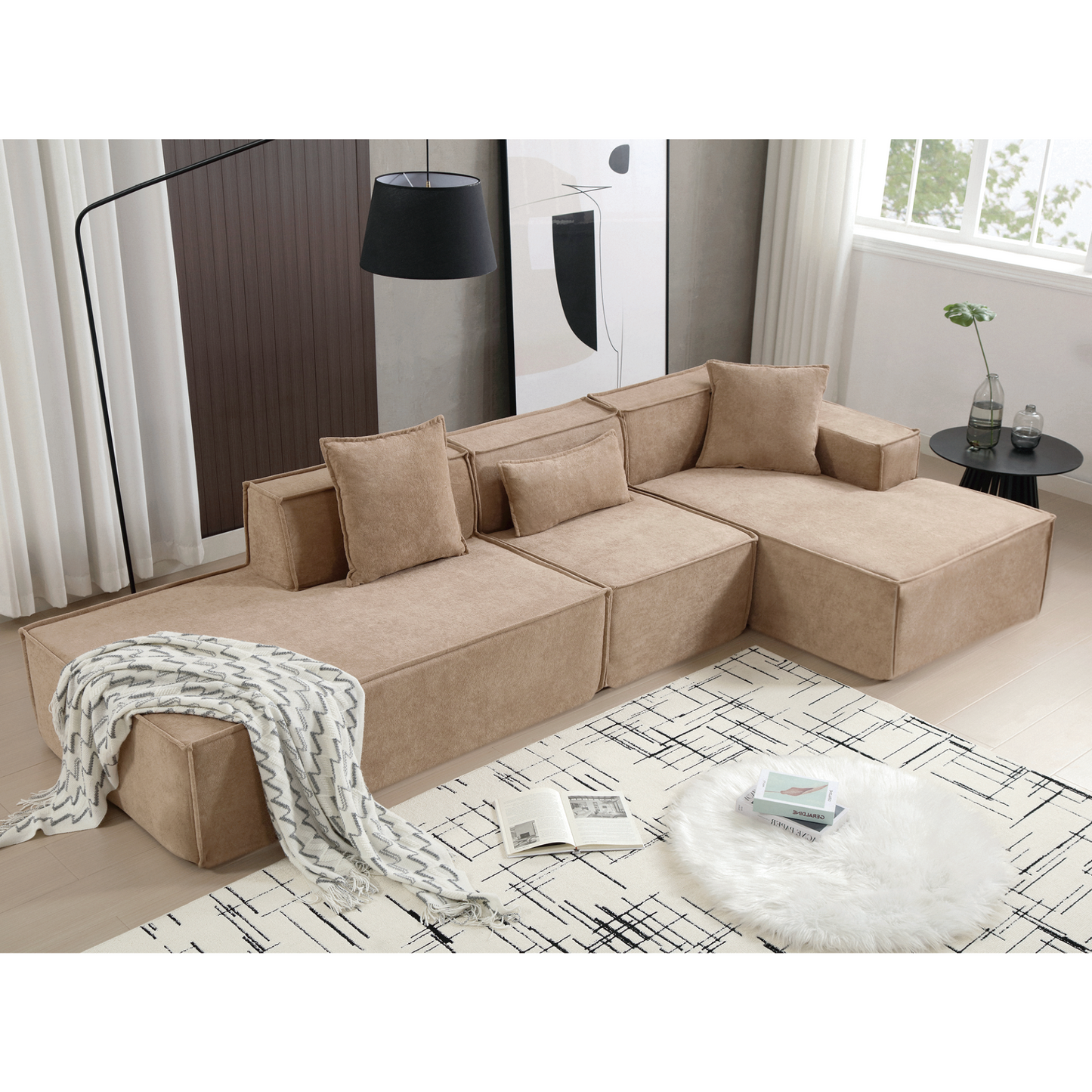 Modular combination living room sofa set, modern minimalist sofa, free installation sofa, L-shaped, Italian minimalist tofu block sofa,  Right-Hand Facing,Light Brown