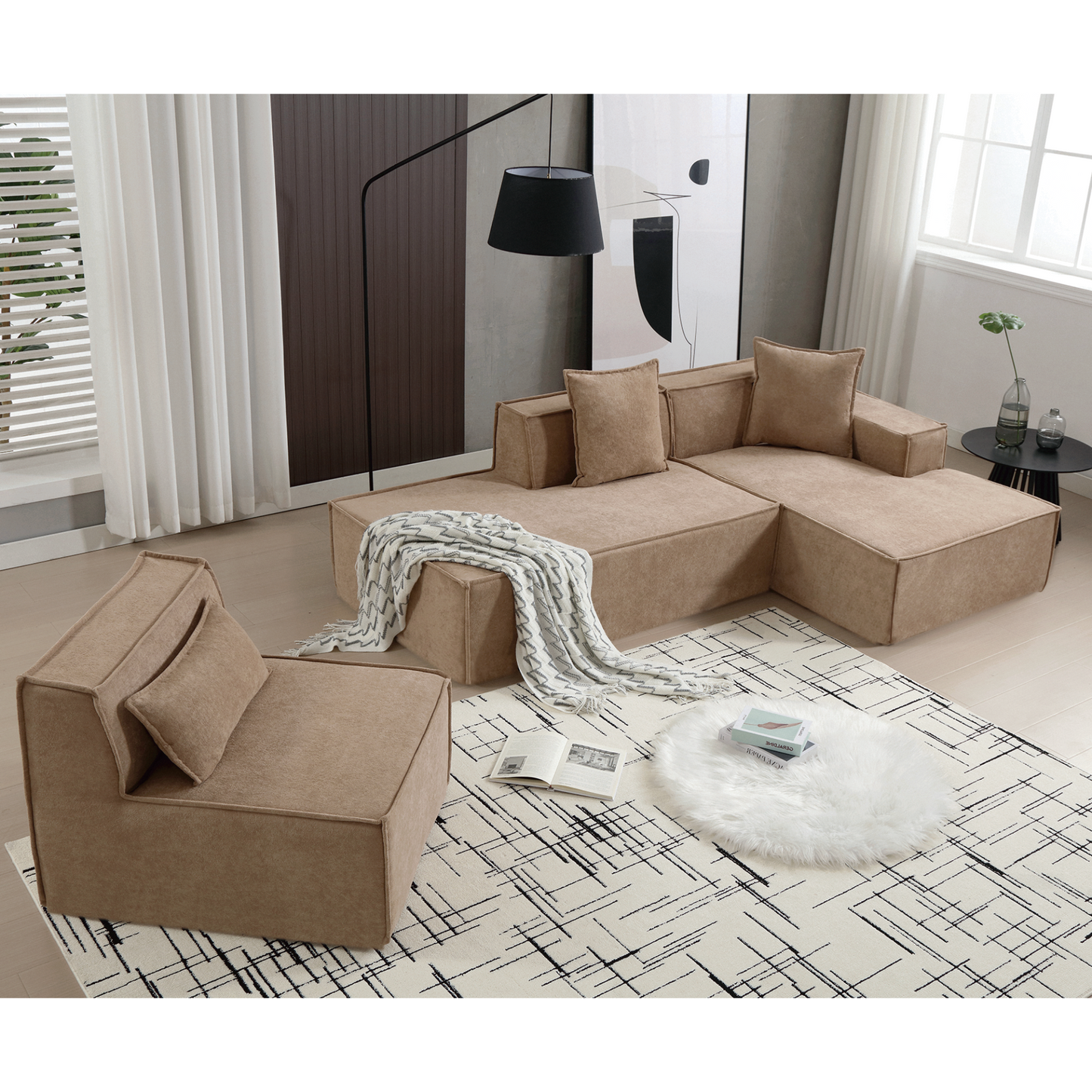 Modular combination living room sofa set, modern minimalist sofa, free installation sofa, L-shaped, Italian minimalist tofu block sofa,  Right-Hand Facing,Light Brown