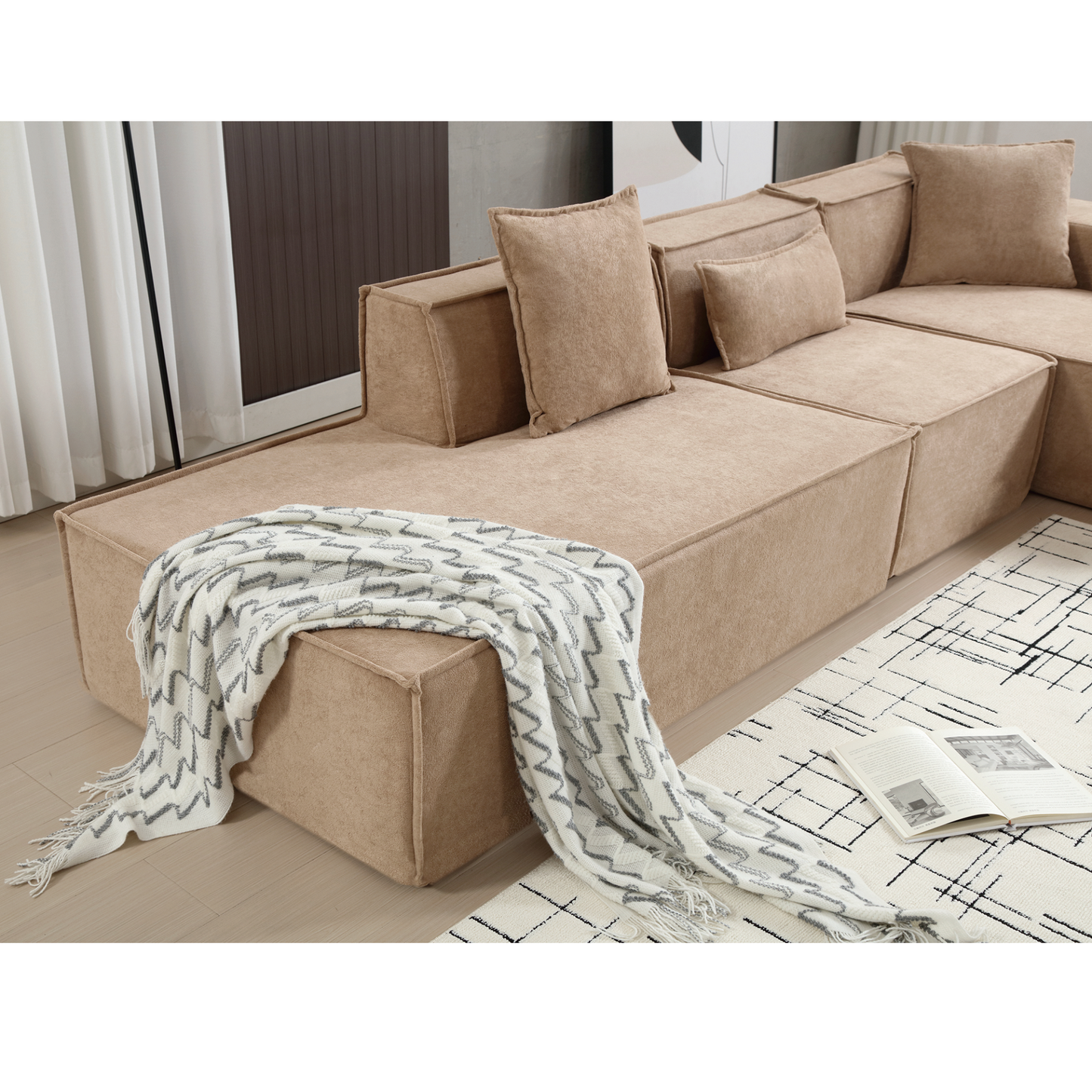 Modular combination living room sofa set, modern minimalist sofa, free installation sofa, L-shaped, Italian minimalist tofu block sofa,  Right-Hand Facing,Light Brown