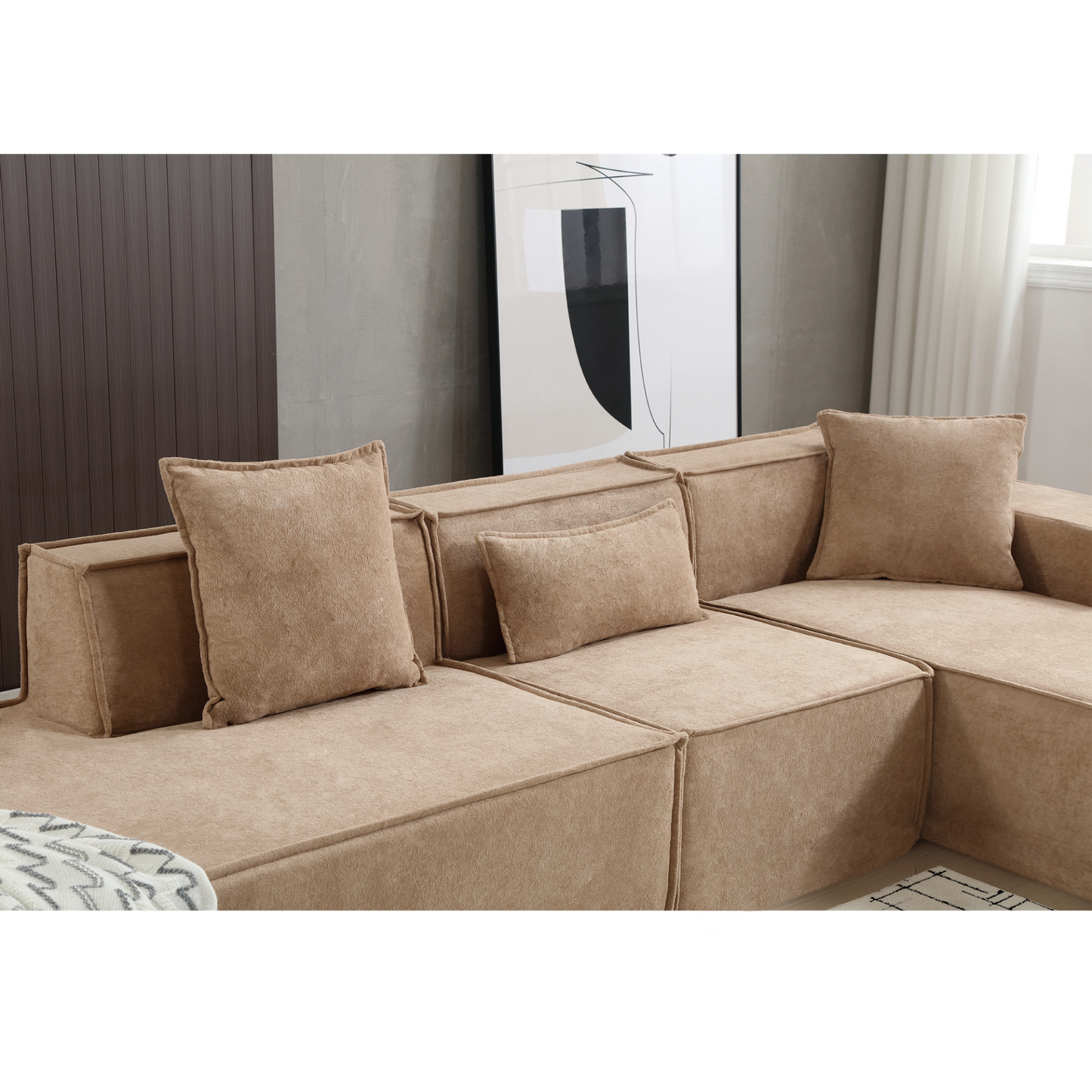 Modular combination living room sofa set, modern minimalist sofa, free installation sofa, L-shaped, Italian minimalist tofu block sofa,  Right-Hand Facing,Light Brown