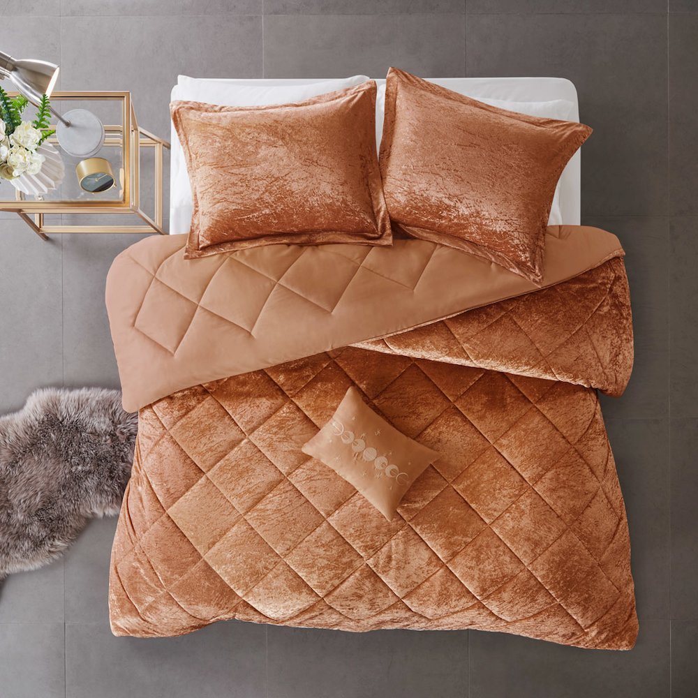 Felicia Velvet Comforter Set with Throw Pillow in Rust Color