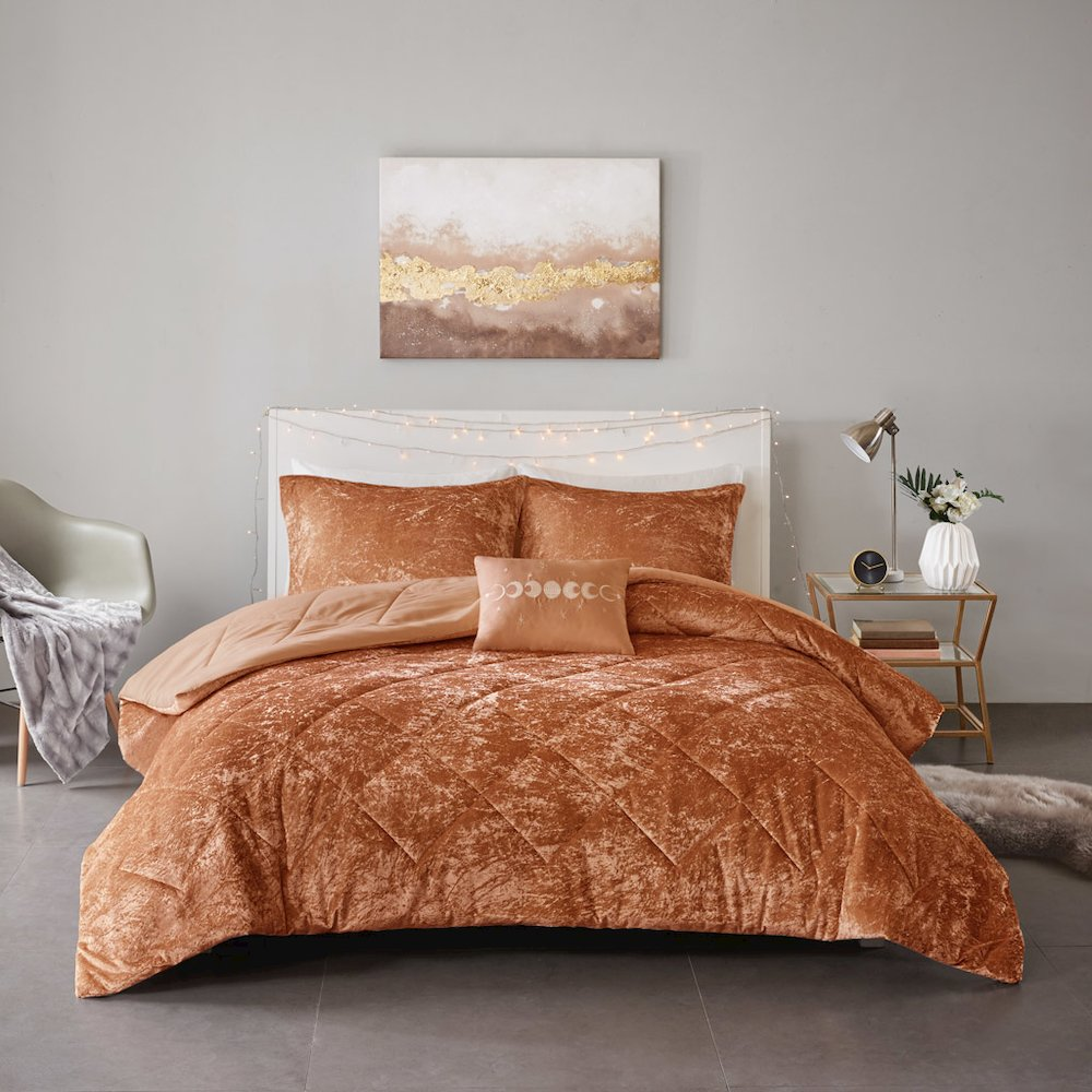 Felicia Velvet Comforter Set with Throw Pillow in Rust Color