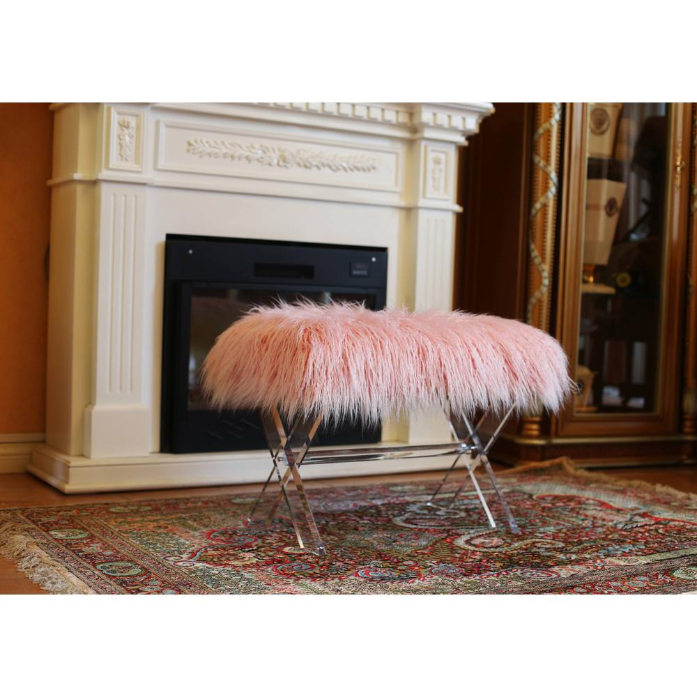 Fur bench/Ottoman with Acrylic Legs. 2 Colors to Choose: White or Pink