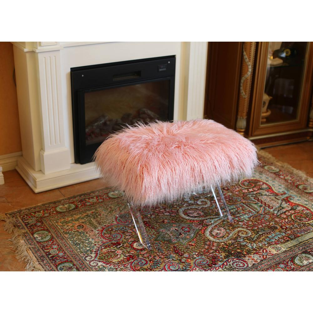 Fur bench/Ottoman with Acrylic Legs. 2 Colors to Choose: White or Pink