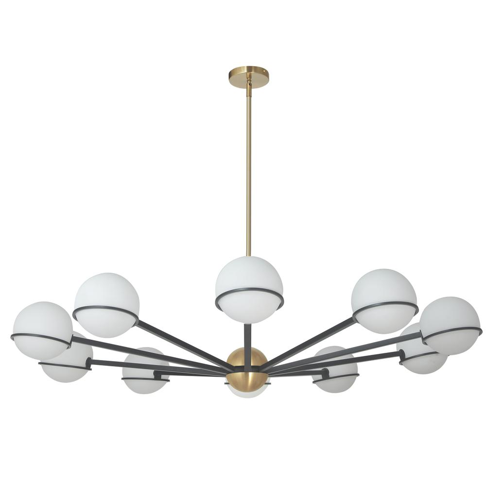 10 Light Halogen Chandelier, Matte Black with White Opal Glass