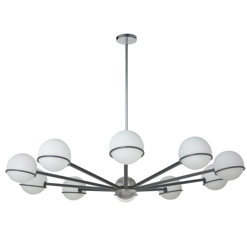 10 Light Halogen Chandelier, Matte Black with White Opal Glass