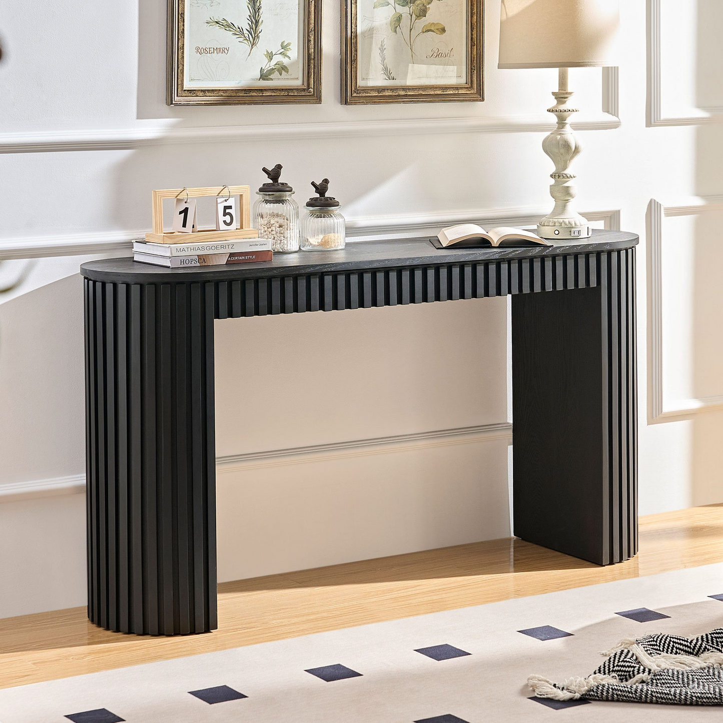 59.05'' Modern Console Table with Drawer for Entryway with Unique Vertical Stripe Design for Living Room Hallway Foyer Entrance Study,BLACK