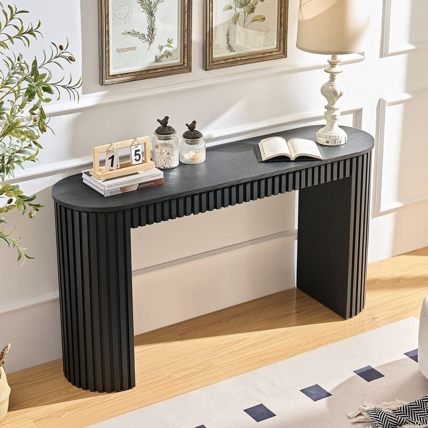 59.05'' Modern Console Table with Drawer for Entryway with Unique Vertical Stripe Design for Living Room Hallway Foyer Entrance Study,BLACK