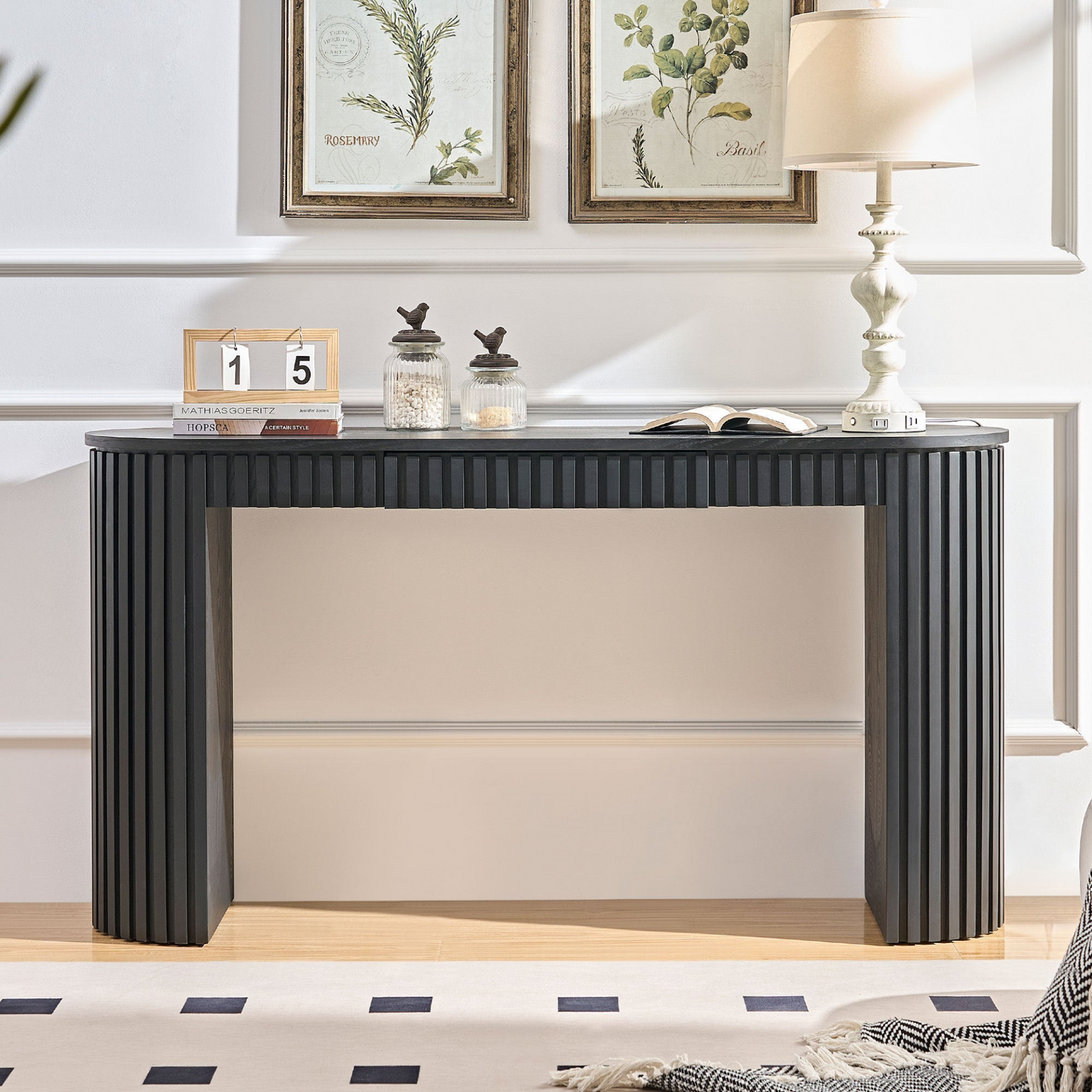 59.05'' Modern Console Table with Drawer for Entryway with Unique Vertical Stripe Design for Living Room Hallway Foyer Entrance Study,BLACK