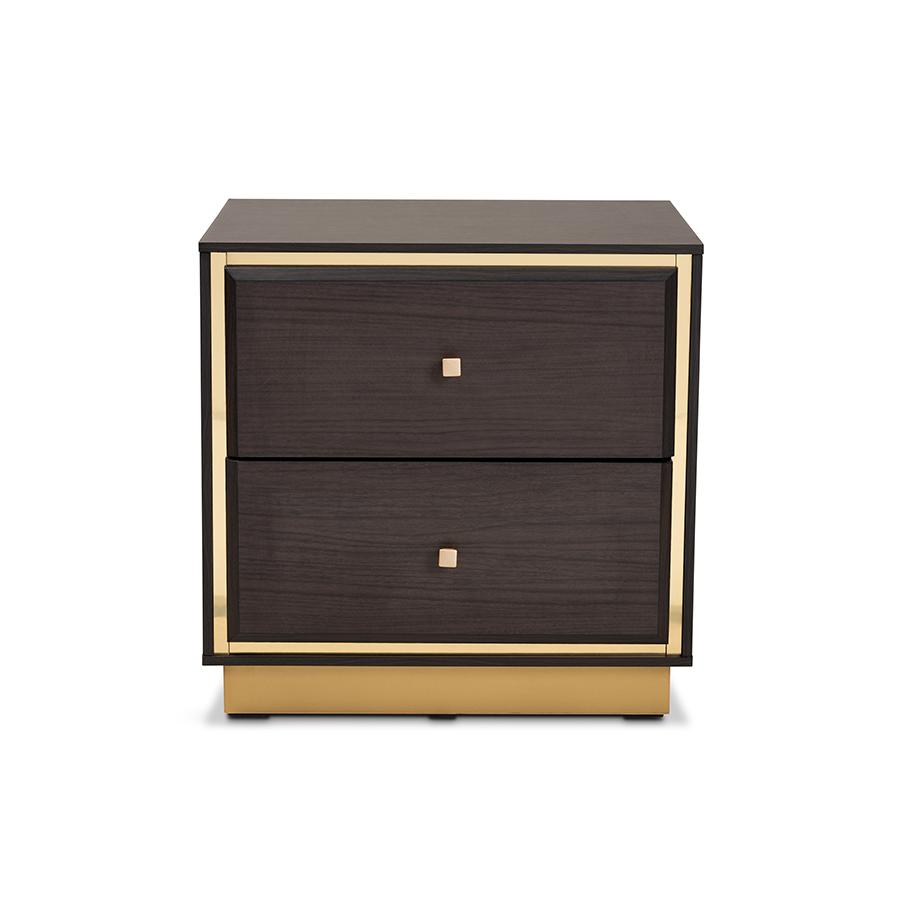 Cormac Transitional Dark Brown Finished Wood and Gold Metal 2-Drawer Nightstand