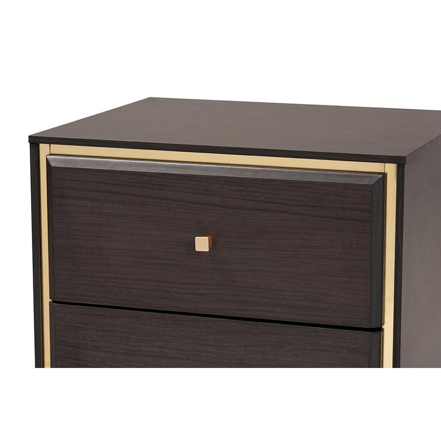 Cormac Transitional Dark Brown Finished Wood and Gold Metal 2-Drawer Nightstand