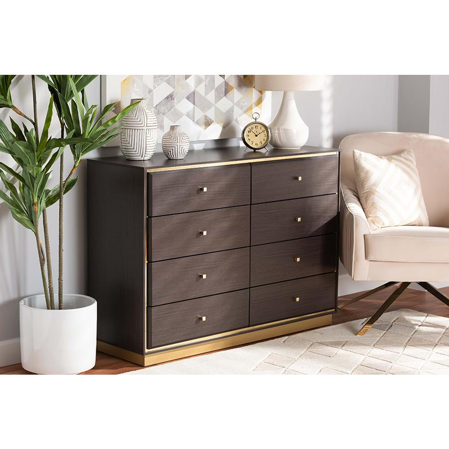 Cormac Espresso Brown Finished Wood and Gold Metal 8-Drawer Dresser