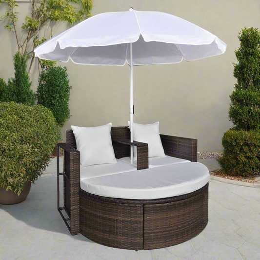 vidaXL Patio Bed with Parasol Brown Poly Rattan