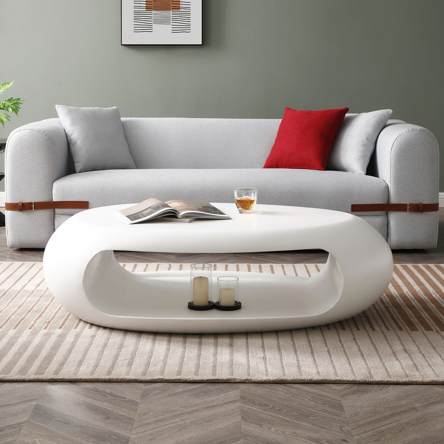 48.42'' Modern Oval Coffee Table, Sturdy Fiberglass Center Cocktail Table Tea Table for Living Room, White, No Need Assembly