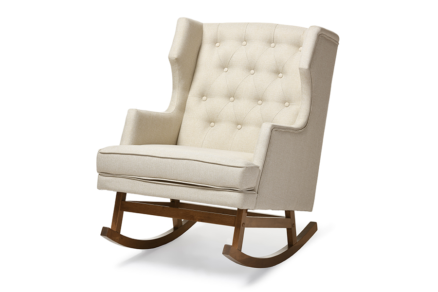 Light Beige Fabric Upholstered Button-tufted Wingback Rocking Chair