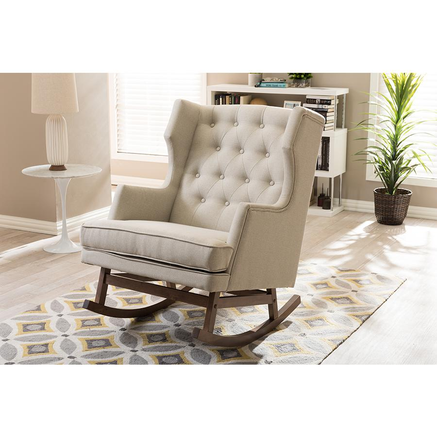 Light Beige Fabric Upholstered Button-tufted Wingback Rocking Chair