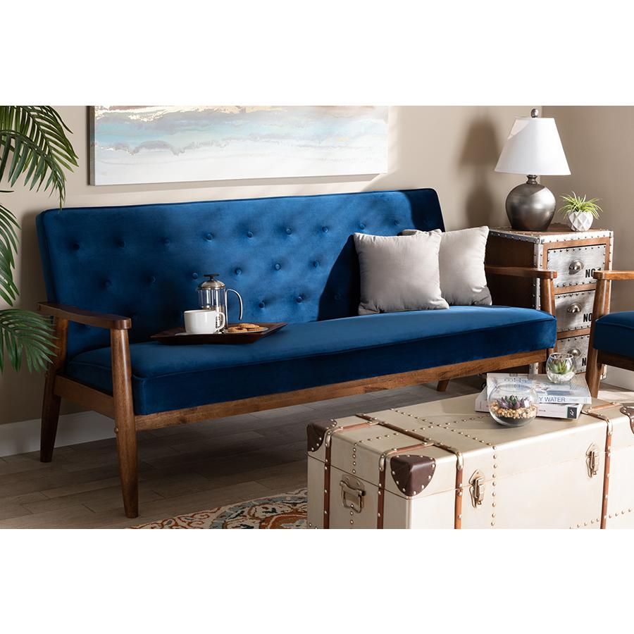 Navy Blue Velvet Fabric Upholstered Walnut Finished Wooden 3-seater Sofa