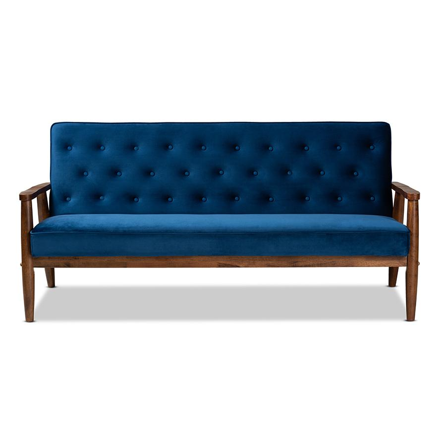 Navy Blue Velvet Fabric Upholstered Walnut Finished Wooden 3-seater Sofa