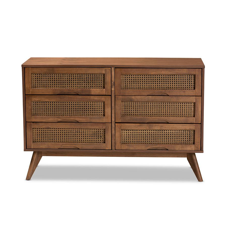 Modern Walnut Brown Finished Wood and Synthetic Rattan 6-Drawer Dresser