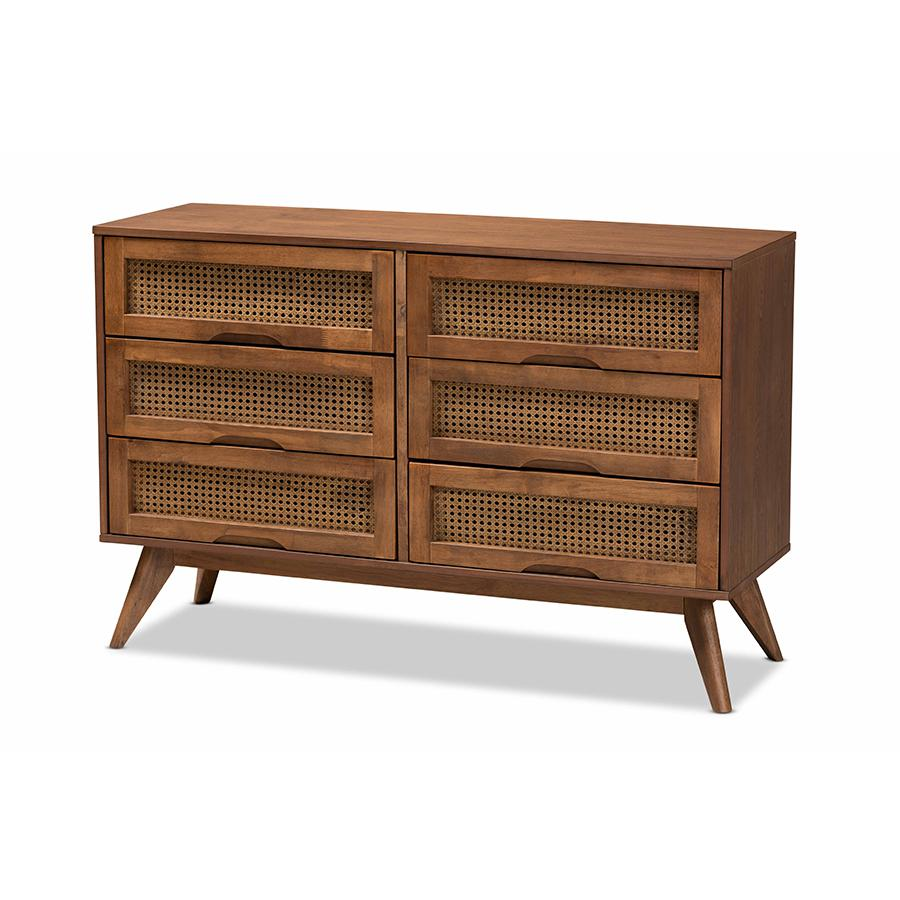 Modern Walnut Brown Finished Wood and Synthetic Rattan 6-Drawer Dresser