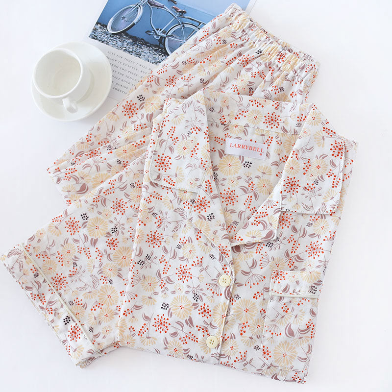 Japanese Pastoral Style Summer Women's Pajamas Cotton Gauze Long-sleeved Trousers Suit