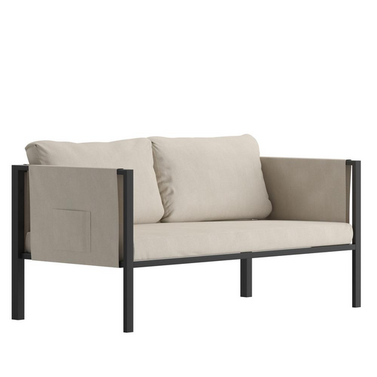 Lea Indoor/Outdoor Loveseat with Cushions - Modern Steel Framed Chair with Storage Pockets, Black with Beige Cushions