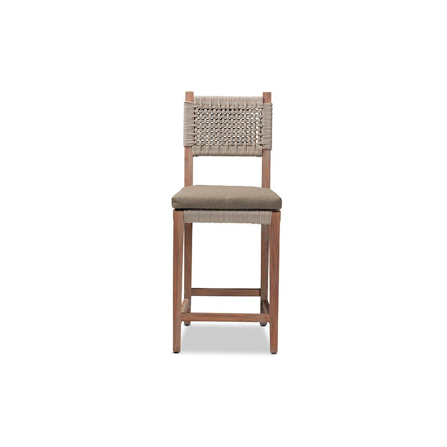 Mid-Century Transitional Grey Woven Rope Mahogany Counter Stool