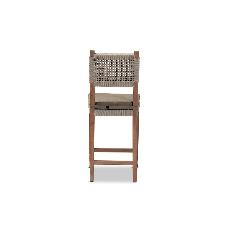 Mid-Century Transitional Grey Woven Rope Mahogany Counter Stool