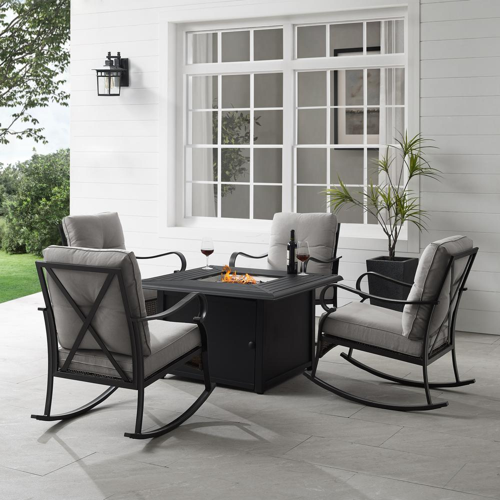 Dahlia 5Pc Outdoor Metal Conversation Set W/ Fire Table Taupe/Matte Black - Dante Fire Table & 4 Rocking Chairs