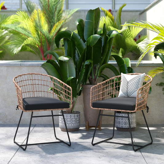 Devon Set of 2 Indoor/Outdoor Patio Boho Club Chairs, Rope with Natural PE Wicker Rattan, Black Cushions and Sled Base