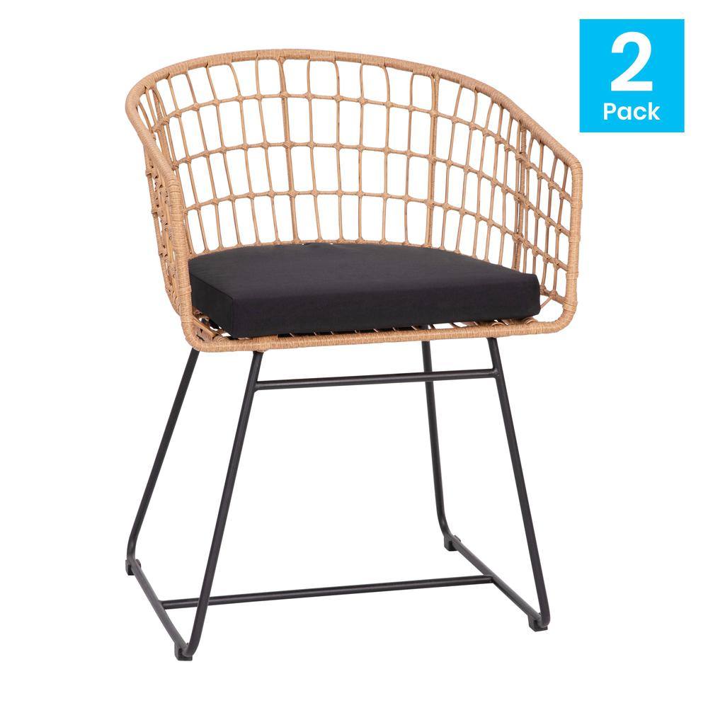 Devon Set of 2 Indoor/Outdoor Patio Boho Club Chairs, Rope with Natural PE Wicker Rattan, Black Cushions and Sled Base