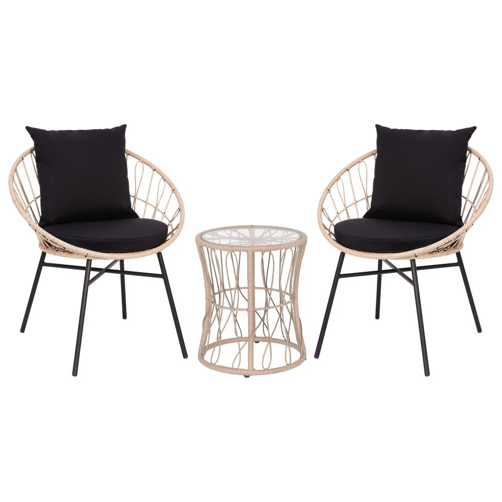 Devon 3-Piece Tan Indoor/Outdoor Bistro Set, Papasan Style Rattan Rope Chairs, Glass Top Side Table & Black Cushions