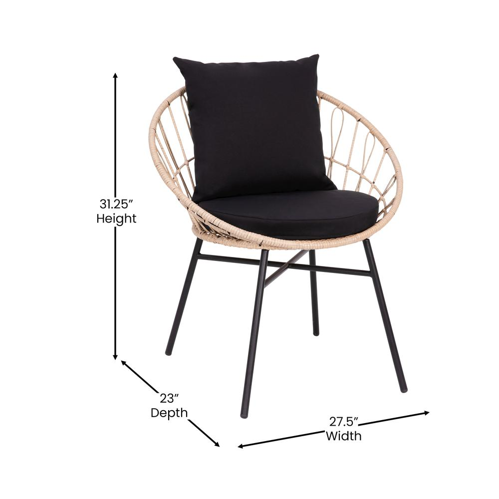 Devon 3-Piece Tan Indoor/Outdoor Bistro Set, Papasan Style Rattan Rope Chairs, Glass Top Side Table & Black Cushions