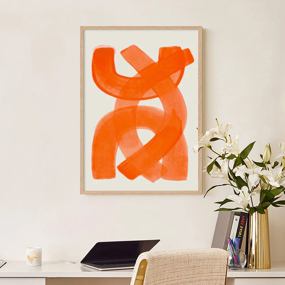 Modern Abstract Mid-century Watercolor Brush Stroke Poster On Orange Canvas