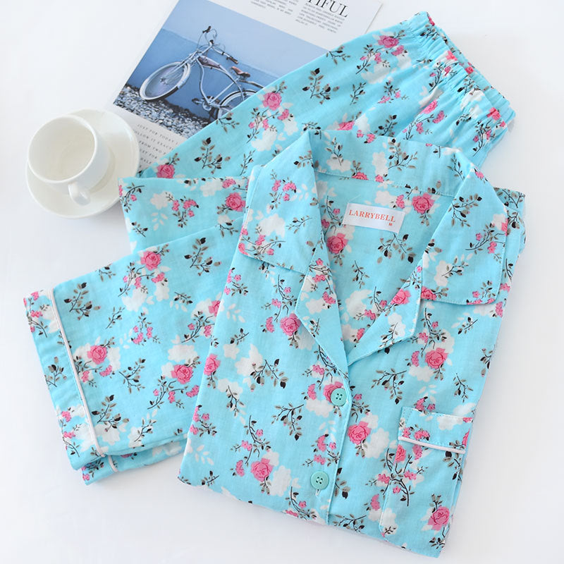 Japanese Pastoral Style Summer Women's Pajamas Cotton Gauze Long-sleeved Trousers Suit