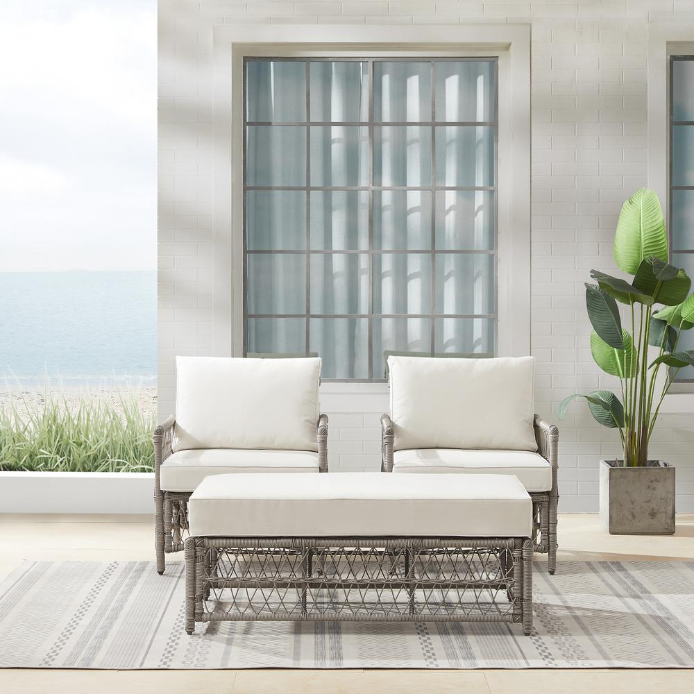 Thatcher 3Pc Outdoor Wicker Armchair And Ottoman Set Creme/Driftwood - Coffee Table Ottoman & 2 Armchairs