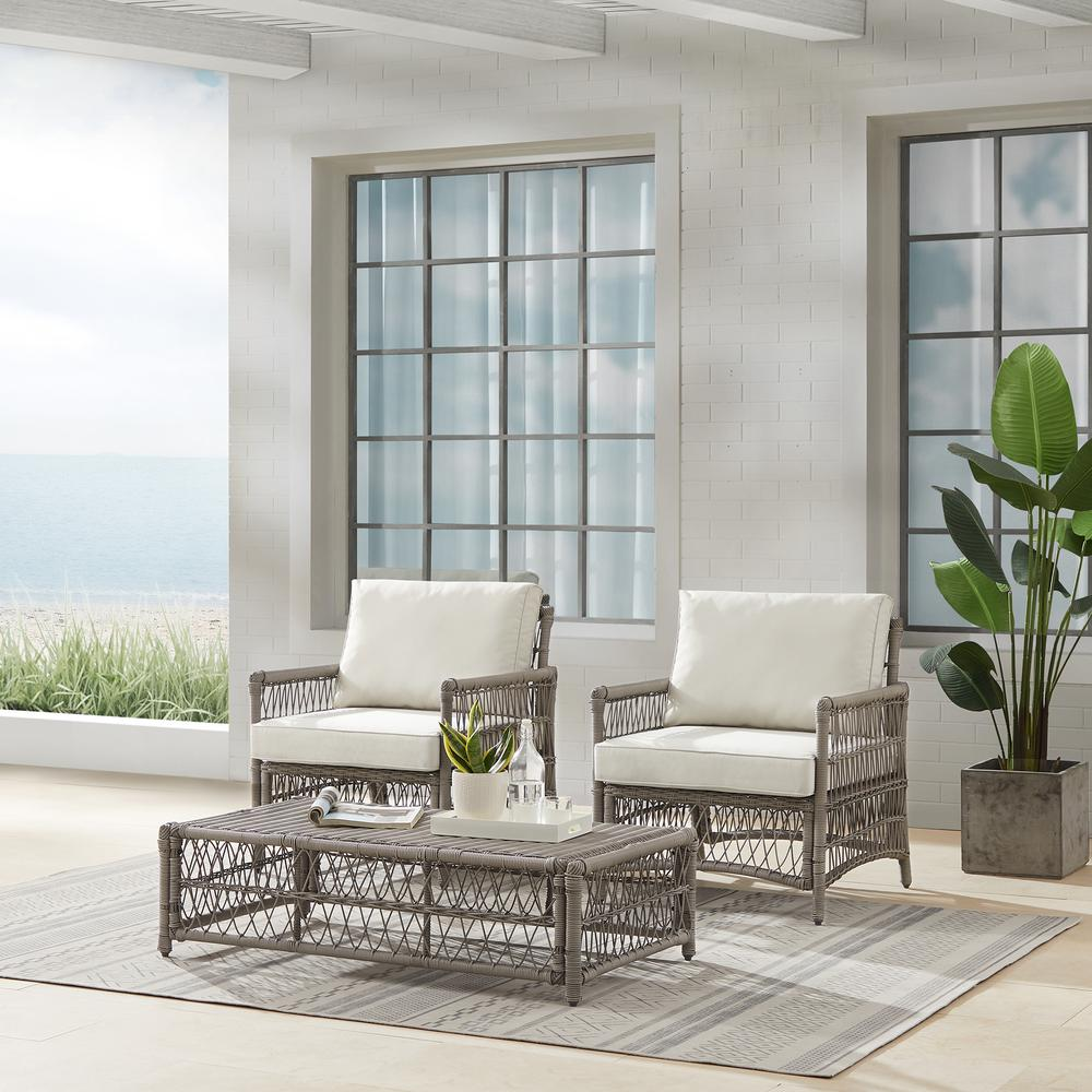 Thatcher 3Pc Outdoor Wicker Armchair And Ottoman Set Creme/Driftwood - Coffee Table Ottoman & 2 Armchairs