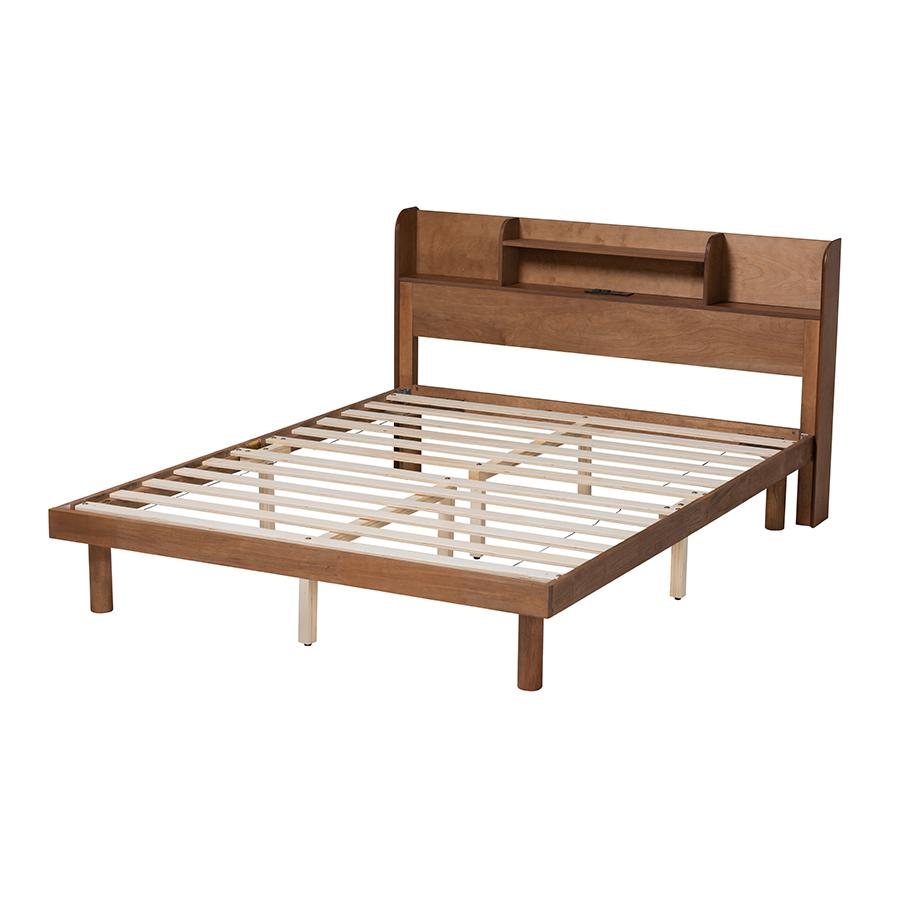 Baxton Studio Harper Mid-Century Modern Transitional Walnut Brown Finished Wood Queen Size Platform Bed with Charging Station